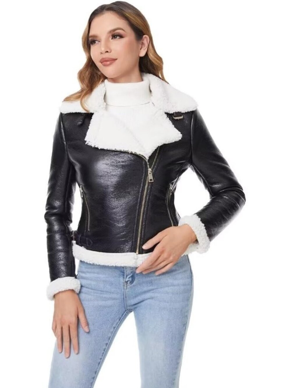 Women's Black Polyurethane Faux Shearing Moto Thick Lined Winter Leather Jacket - Picture 2 of 4